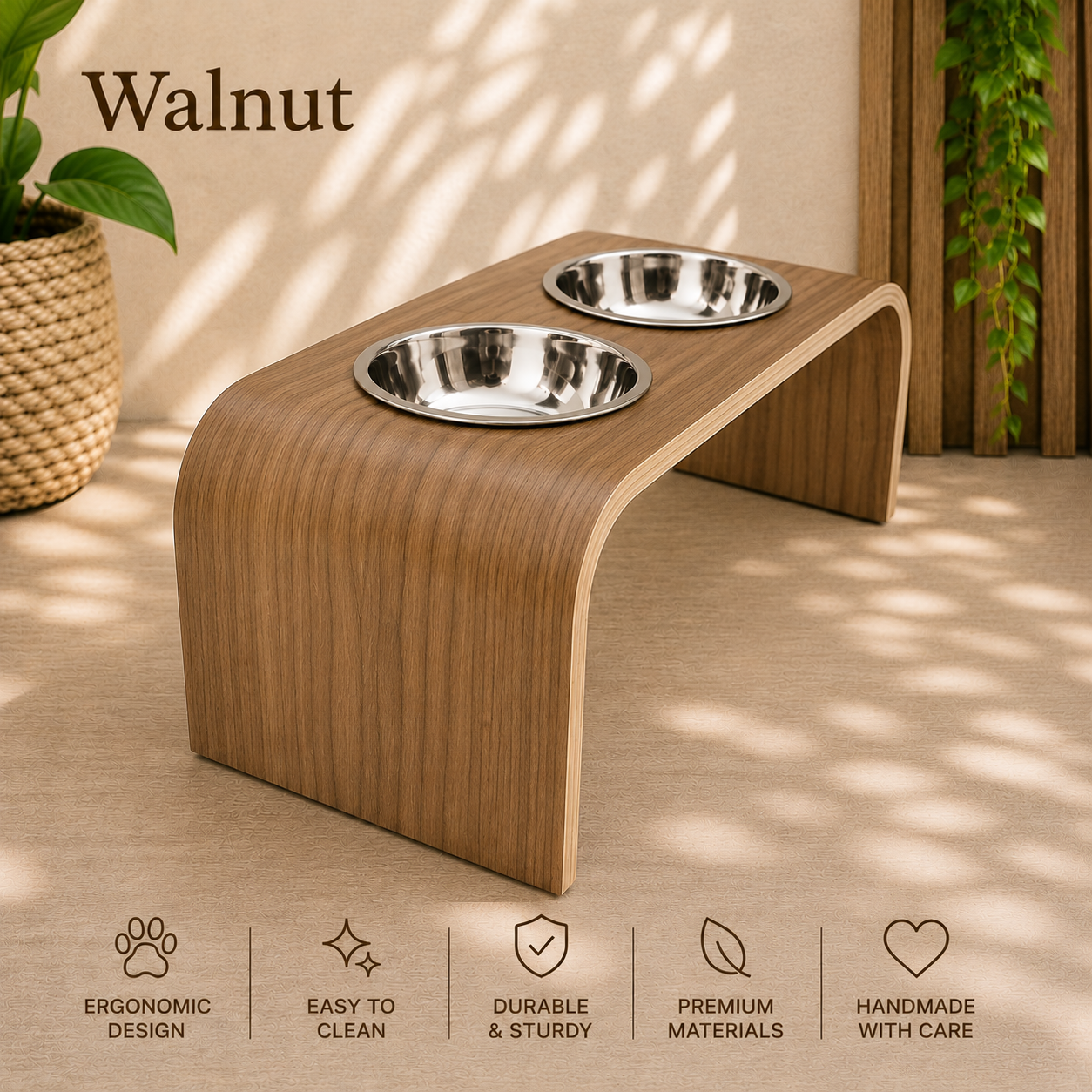 Handmade walnut raised dog bowl stand with two stainless steel bowls, elevated wooden pet feeder in a stylish modern interior, ergonomic feeding station for dogs and cats.