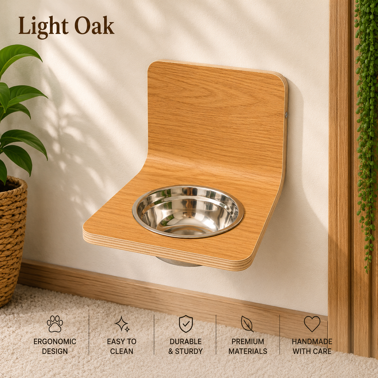 Light oak wall mounted dog bowl stand with stainless steel bowl, handmade wooden elevated pet feeder with a natural wood finish.