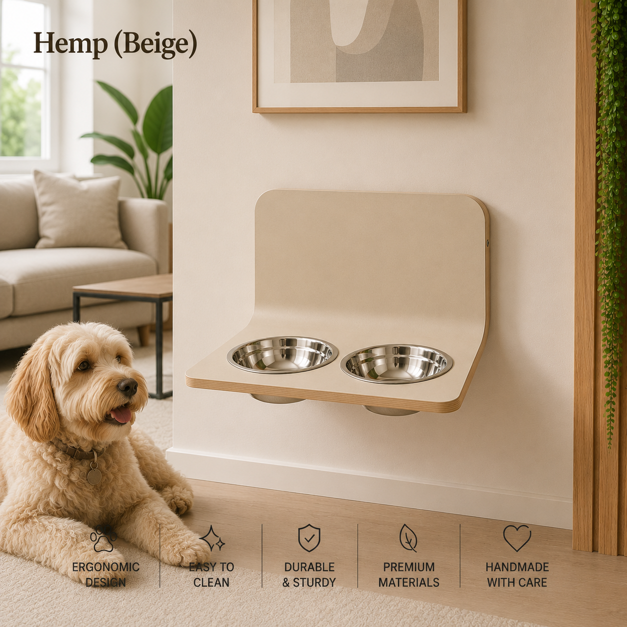 Modern wall-mounted beige dog bowl stand with two stainless steel bowls, the left bowl filled with dry dog food, displayed in a bright contemporary home with a relaxed dog nearby. Handmade elevated wooden pet feeding station designed for dogs and stylish interiors.