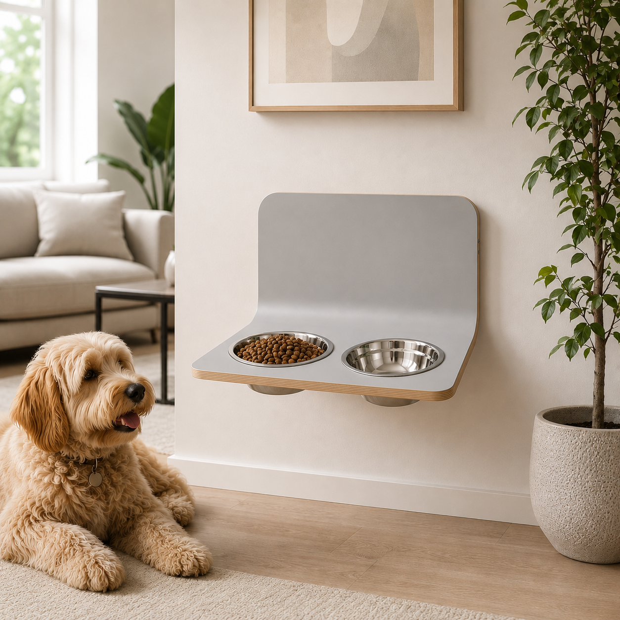 Modern wall-mounted Platinum Grey dog bowl stand with two stainless steel bowls, the left bowl filled with dry dog food, displayed in a bright contemporary home with a relaxed dog nearby. Handmade elevated wooden pet feeding station designed for dogs and stylish interiors.