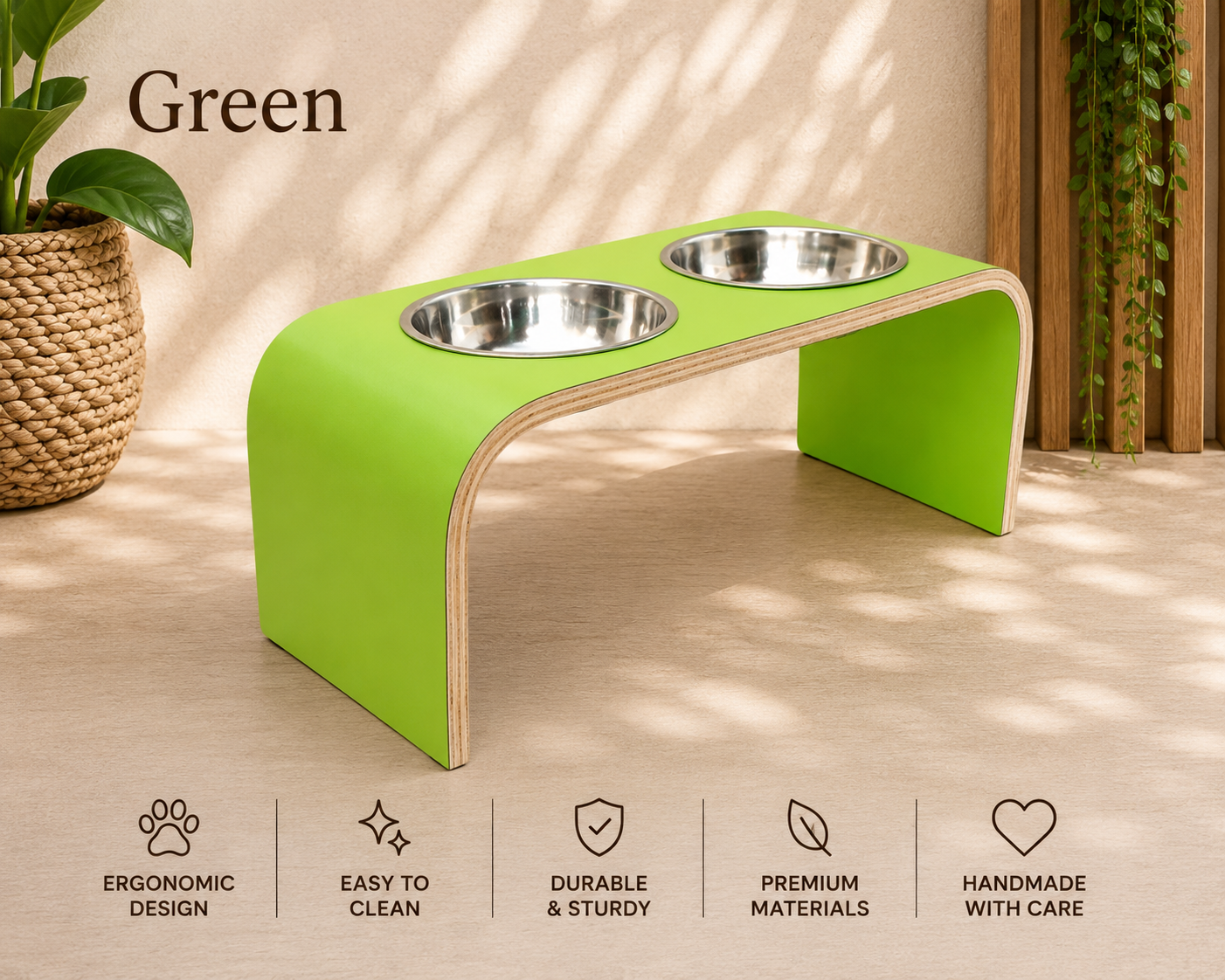 Green raised wooden dog bowl stand with stainless steel bowls, handmade elevated pet feeder in a modern interior, stylish feeding station for dogs and cats.