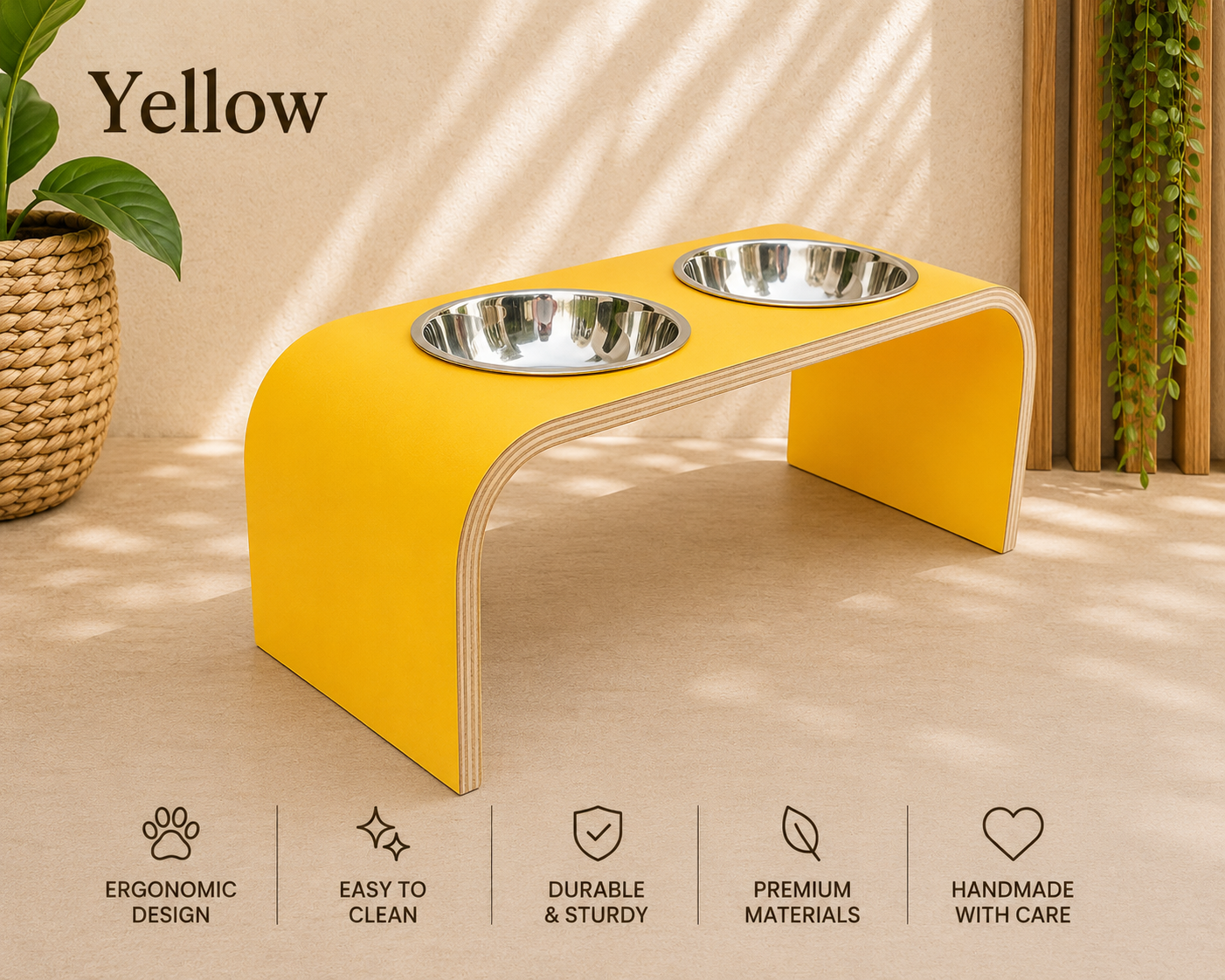 Yellow raised dog bowl stand with stainless steel bowls, handmade elevated wooden pet feeder in a bright modern home, colourful feeding station for dogs and cats.
