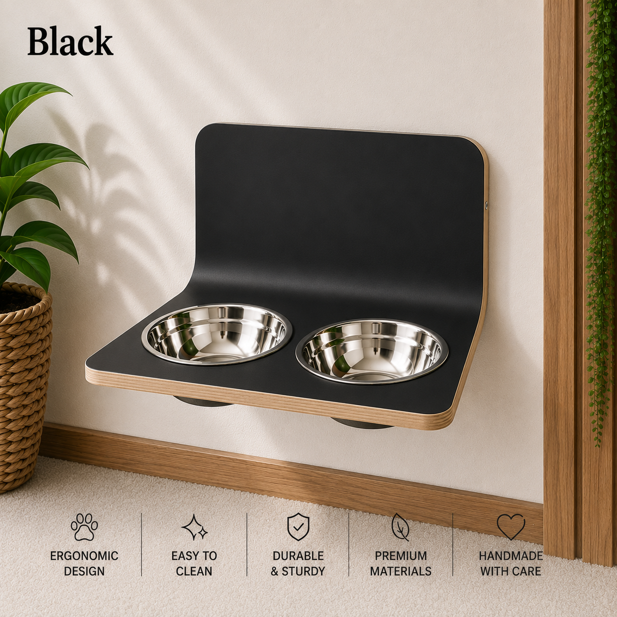 Black wall mounted dog bowl stand with stainless steel bowls, handmade elevated wooden pet feeder for modern dog and cat feeding.