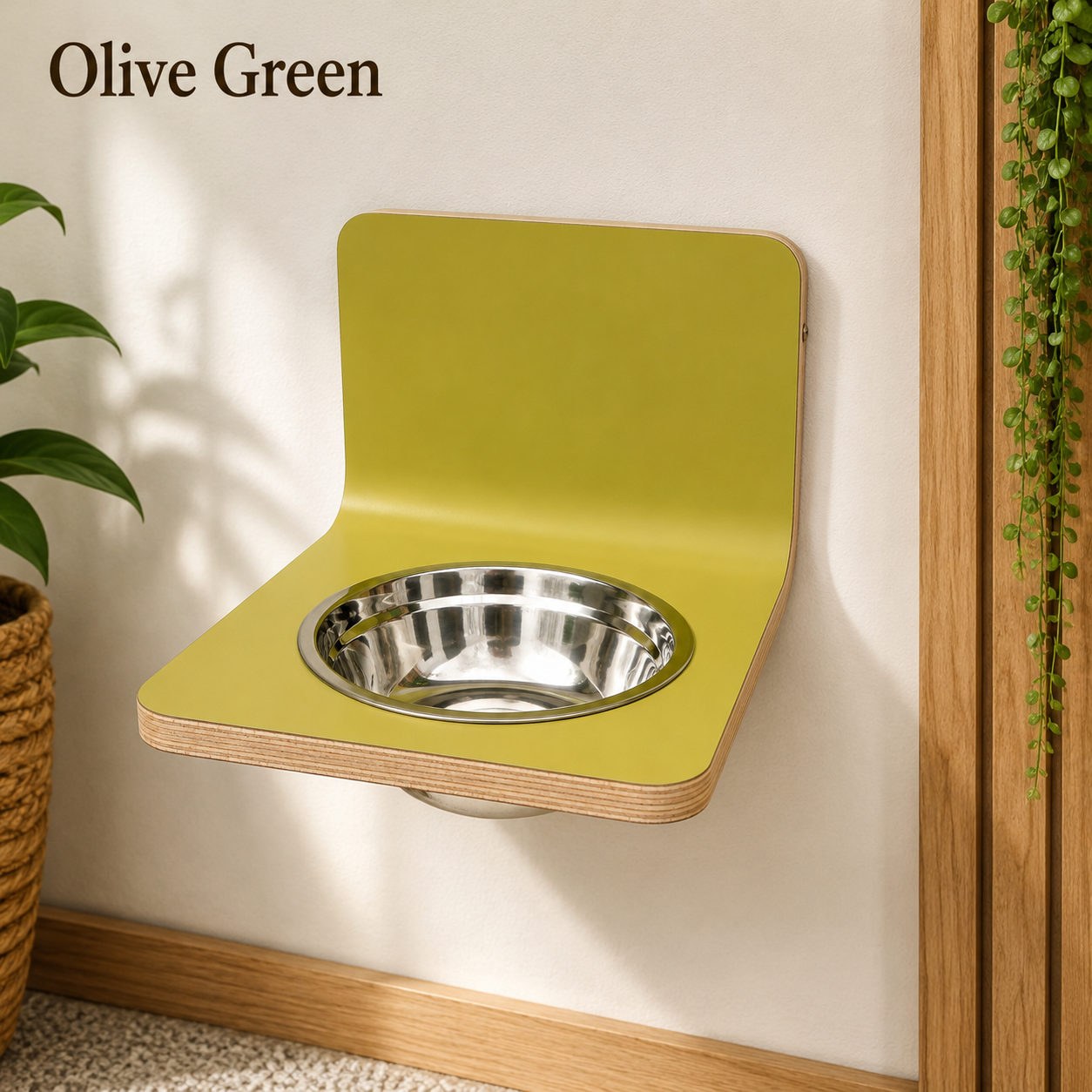 Olive green wall mounted dog bowl stand with stainless steel bowls, handmade elevated wooden pet feeder for dogs and cats.