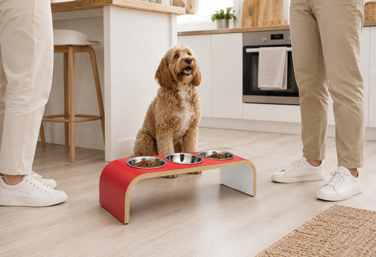 Handmade red and white raised triple dog bowl stand with stainless steel bowls in a modern kitchen beside a Cockapoo.