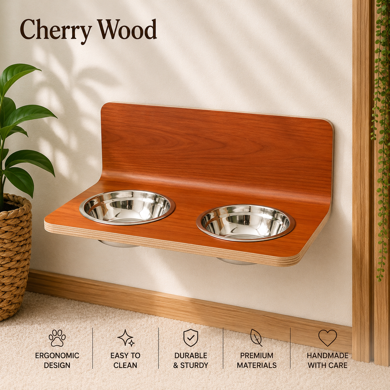 Cherry wood wall mounted double dog bowl stand with stainless steel bowls, handmade elevated wooden pet feeding station.