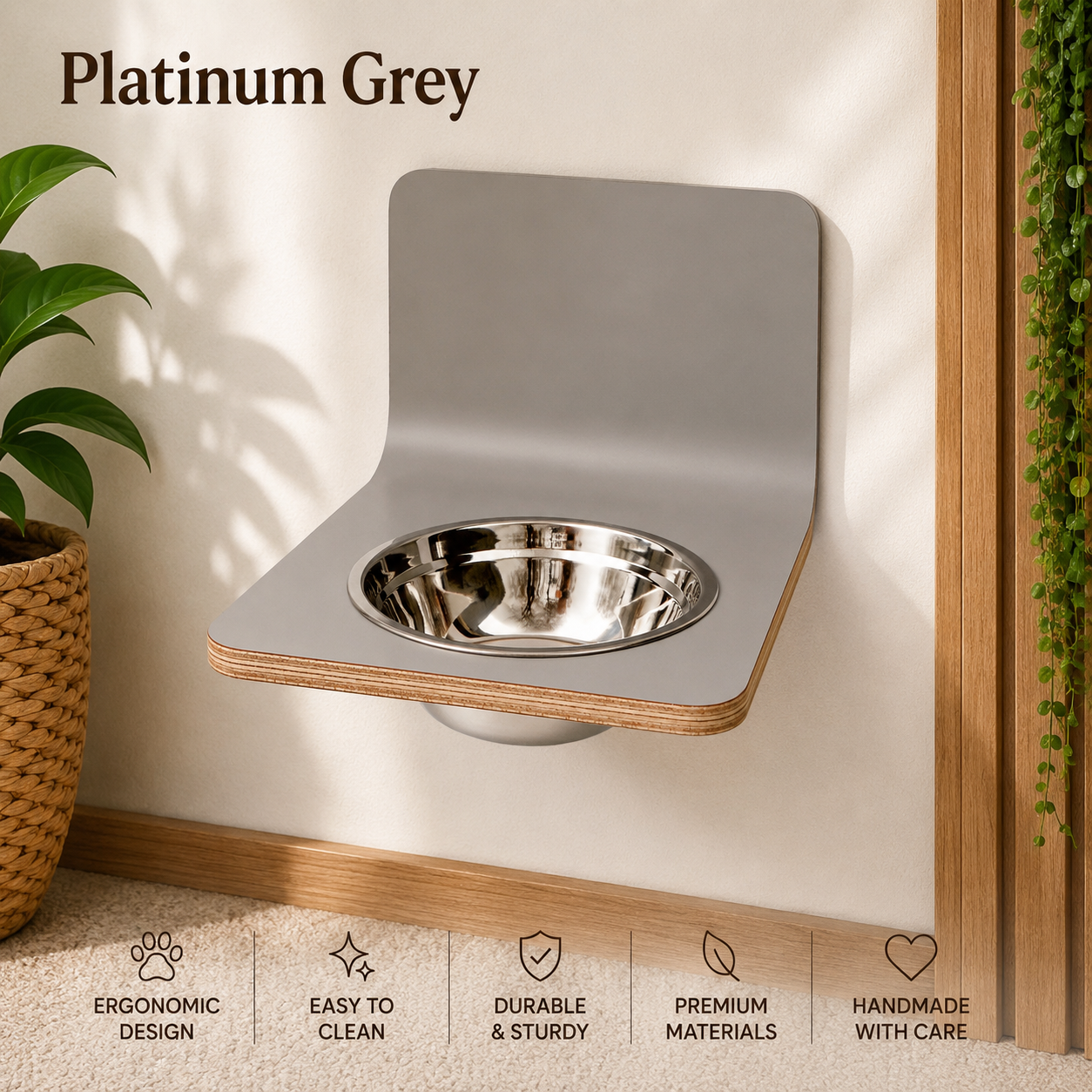 light grey wall mounted dog bowl stand with stainless steel bowls, handmade elevated wooden pet feeder for modern dog and cat feeding.