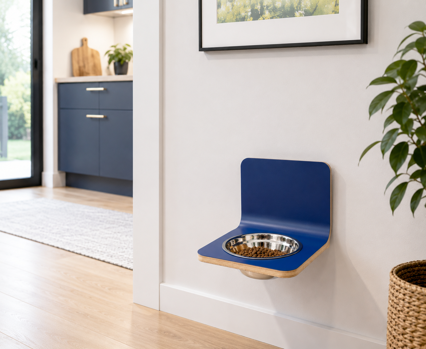 Handmade blue wall mounted dog bowl stand with stainless steel bowl in a modern kitchen, floating wooden dog feeder.