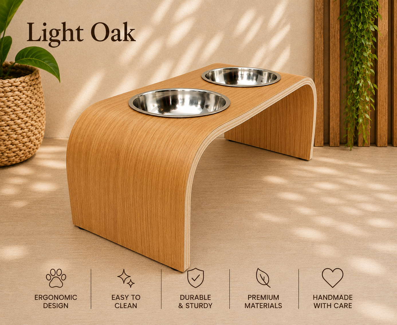 Light oak raised wooden dog bowl stand with stainless steel bowls, handmade elevated pet feeder displayed in a contemporary home, stylish feeding station for dogs and cats.