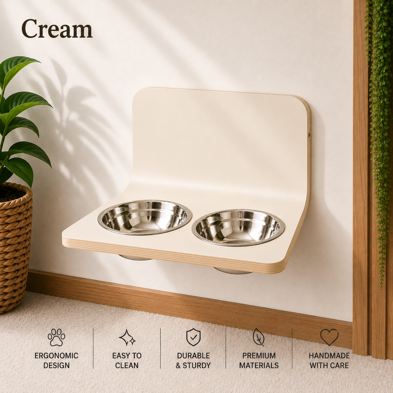 Cream wall mounted dog bowl stand with stainless steel bowls, handmade elevated wooden pet feeder for stylish modern homes.