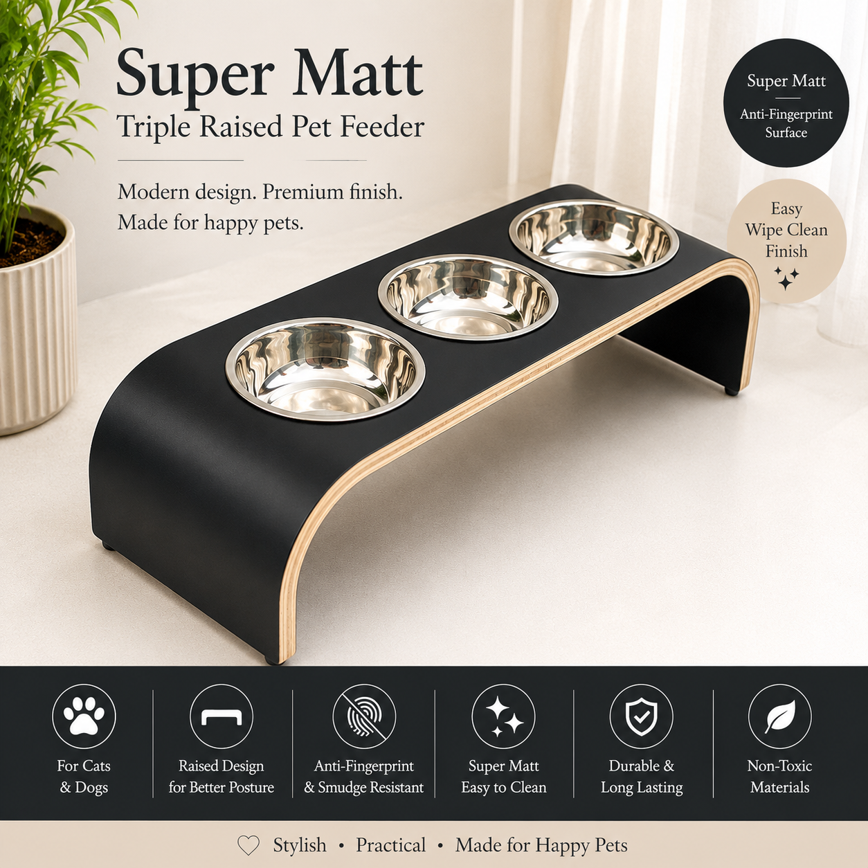 Handmade Super Matt black triple raised pet feeder with three removable stainless steel bowls and a contemporary curved wooden design. Premium elevated feeding station for cats and dogs featuring an anti-fingerprint, smudge-resistant, easy-clean laminate finish, durable construction, and modern minimalist styling in a bright home setting.