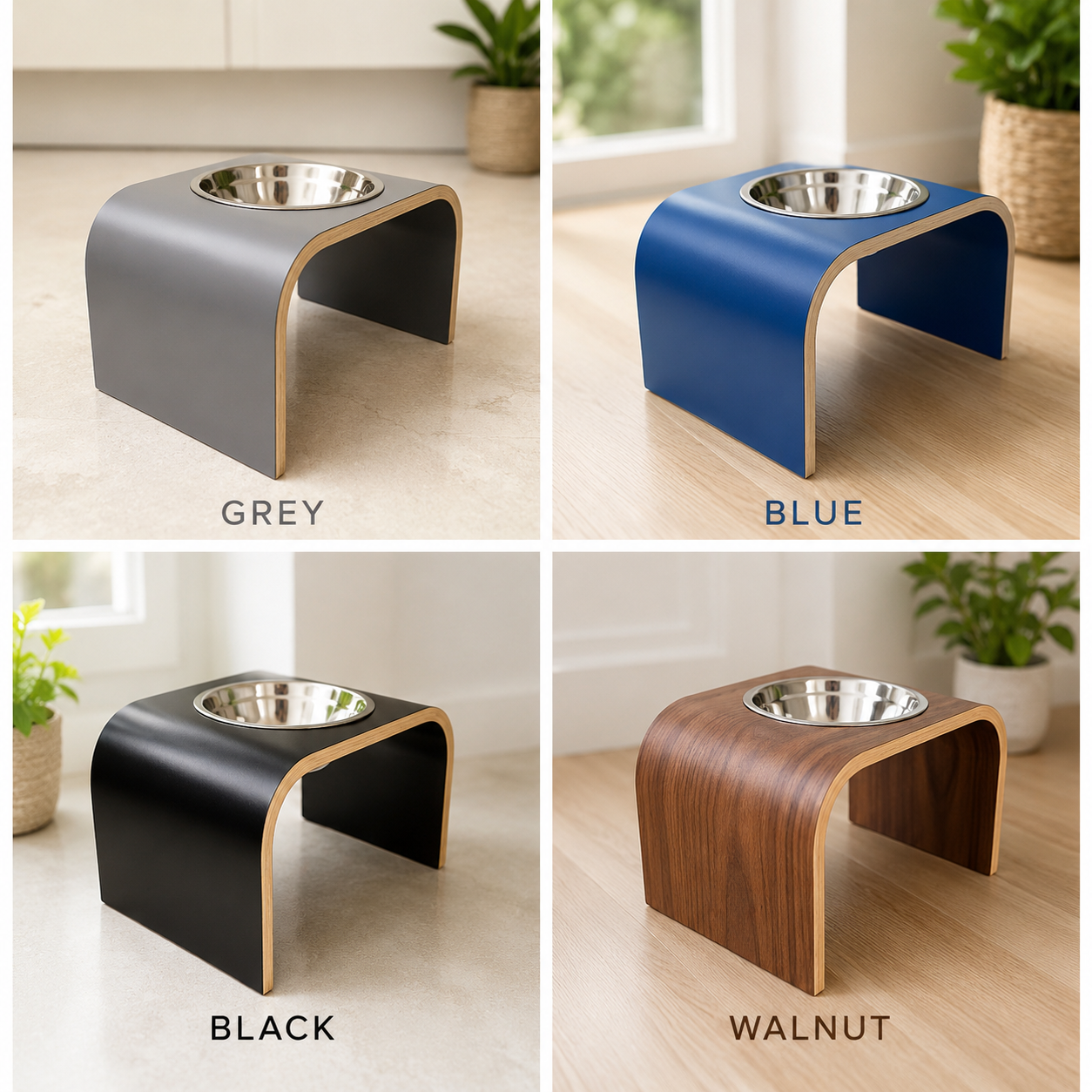 Collage of four handmade single raised dog bowl stands in grey, blue, black and walnut finishes with removable stainless steel bowls, handcrafted in Scotland.