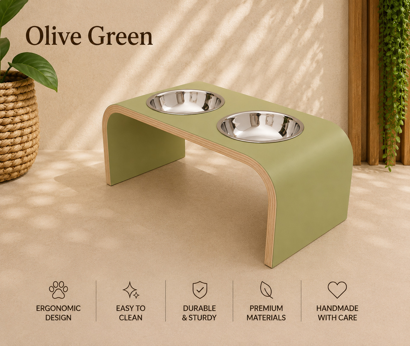 Olive green raised wooden dog bowl stand with stainless steel bowls, handmade elevated pet feeder in a contemporary home, stylish feeding station for dogs and cats.