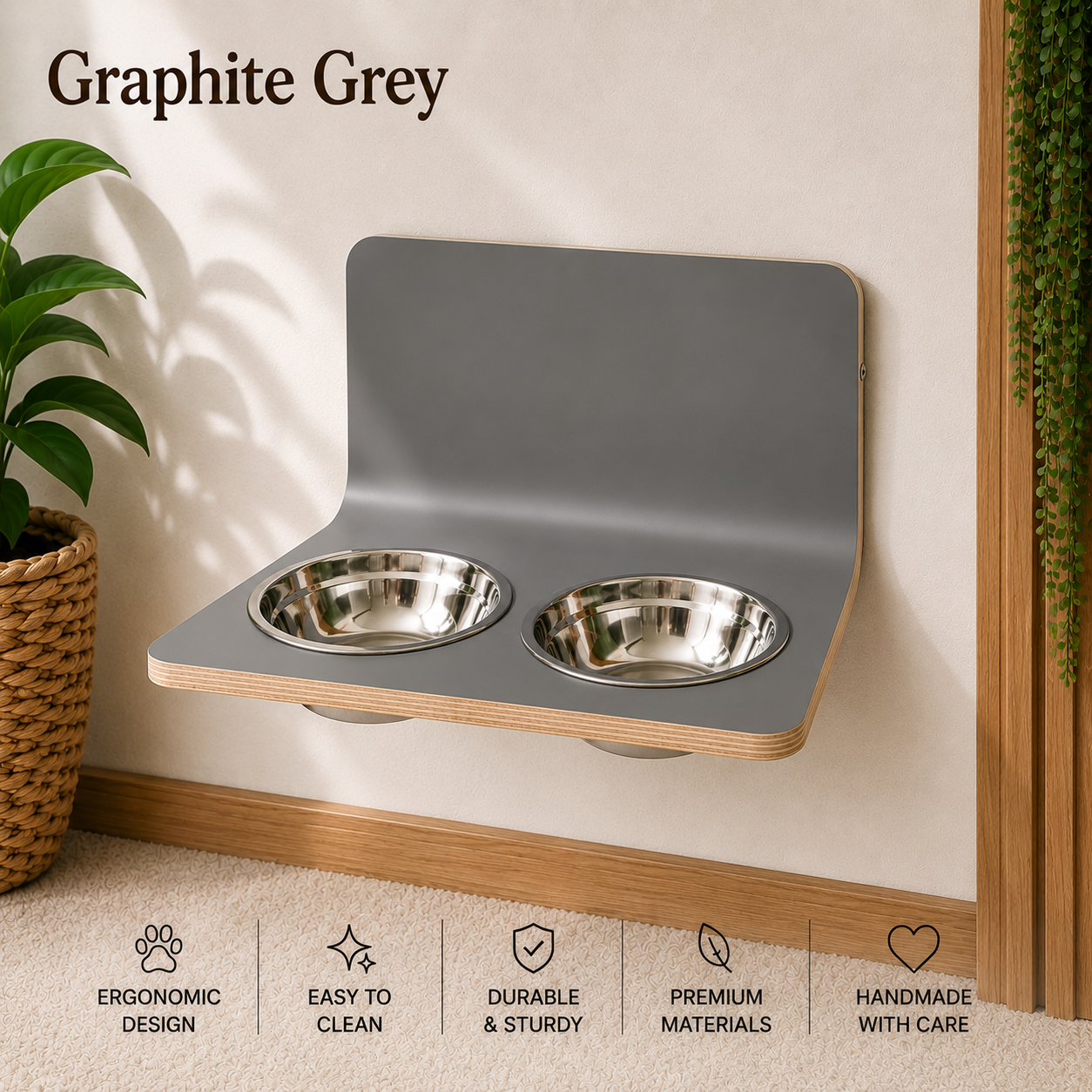 Graphite grey wall mounted dog bowl stand with stainless steel bowls, elevated handmade wooden pet feeder for modern interiors.