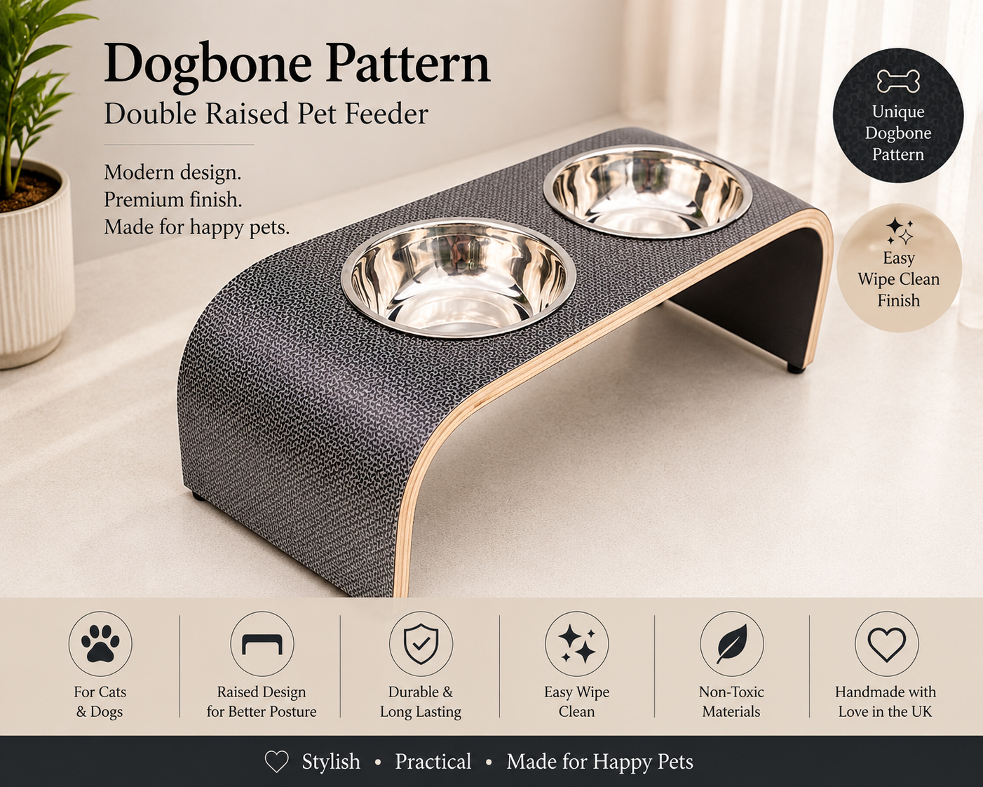 Handmade double raised pet feeder with a unique dogbone pattern laminate, curved wooden design, and two removable stainless steel bowls. Premium elevated feeding station for cats and dogs featuring a durable, easy-clean surface, handcrafted construction, and modern minimalist styling, displayed in a bright contemporary home setting.
