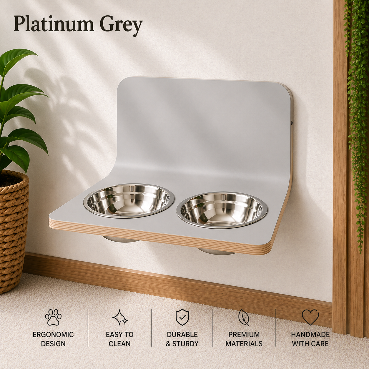 Modern platinum grey wall mounted dog bowl stand with stainless steel bowls, handmade elevated wooden pet feeder for stylish homes