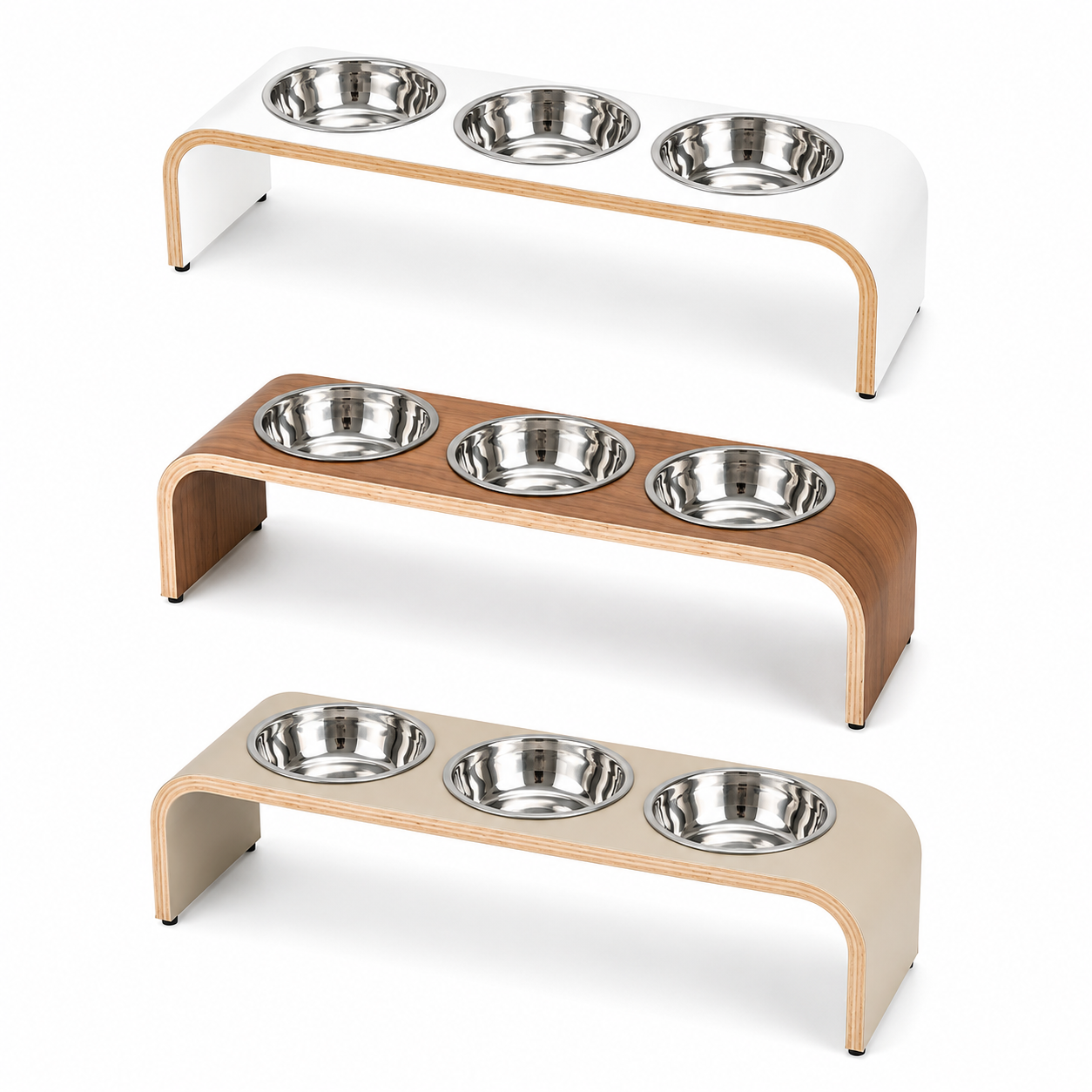 Three handmade triple raised pet feeders in white, walnut wood, and cream finishes, each featuring a modern curved wooden design and three removable stainless steel bowls. Premium elevated feeding stations for cats and dogs with durable, easy-clean surfaces, displayed individually on a bright white background for easy comparison.