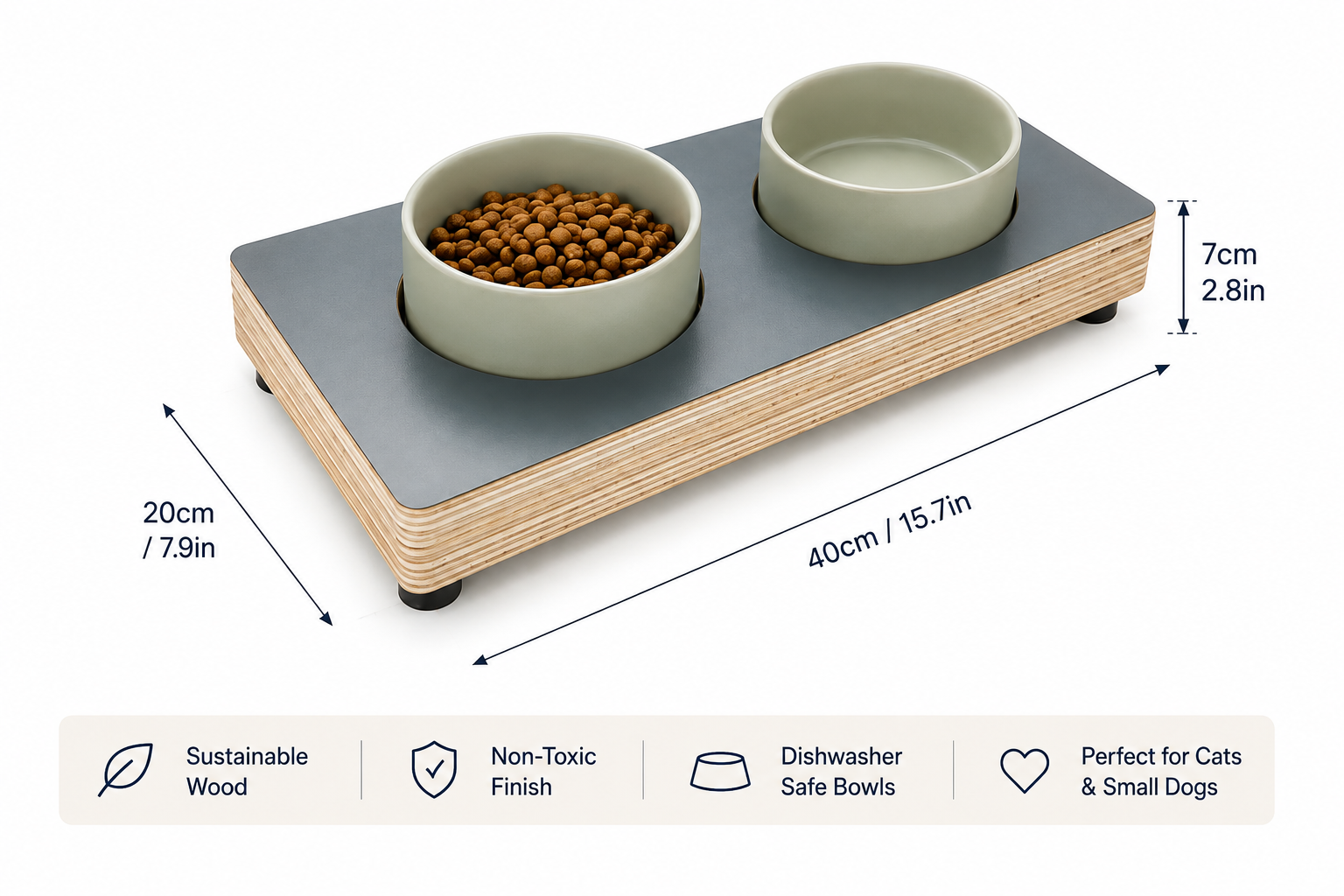 Handmade raised wooden pet feeder with two ceramic bowls in charcoal grey, modern minimalist feeding station for cats and small dogs displayed in a bright white background displaying product dimensions.