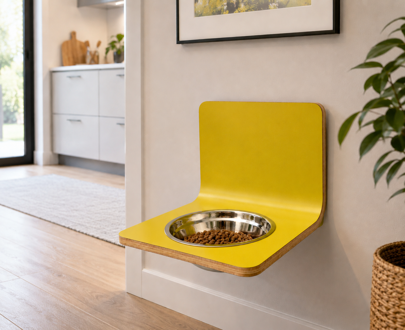 Handmade yellow wall mounted dog feeder with a removable stainless steel bowl, installed in a bright modern kitchen and handcrafted in Scotland. Wall mounted wooden floating dog feeders in one and two bowl options