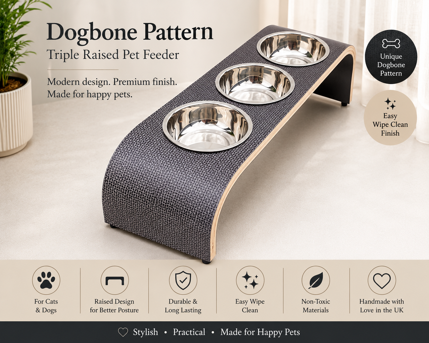 Handmade triple raised pet feeder with a unique dogbone pattern laminate, curved wooden design, and three removable stainless steel bowls. Premium elevated feeding station for cats and dogs featuring a durable, easy-clean surface, handcrafted construction, and modern minimalist styling, displayed in a bright contemporary home setting.
