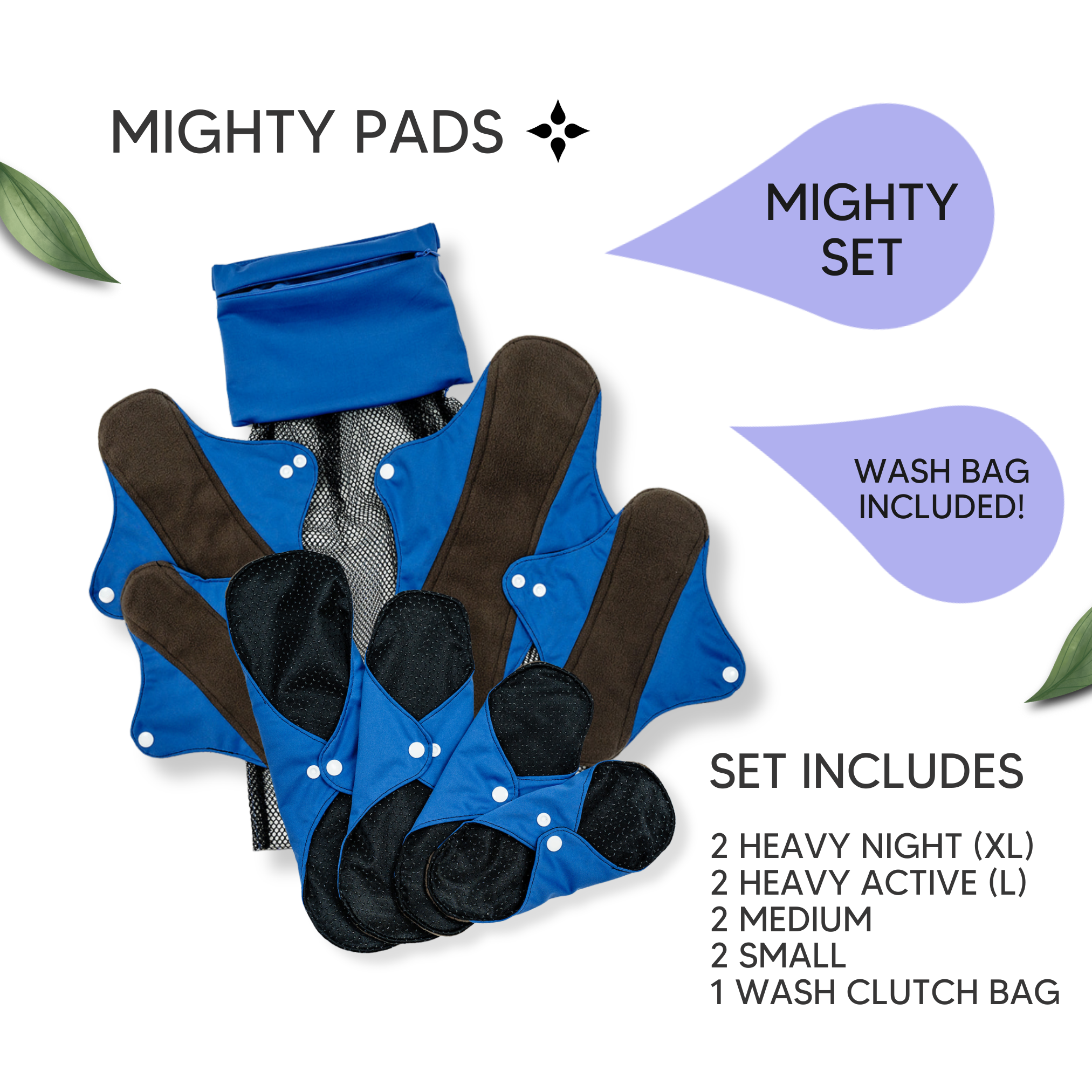 Mighty_Eve_popper_ period_pad_set_of_8 with bag_blue