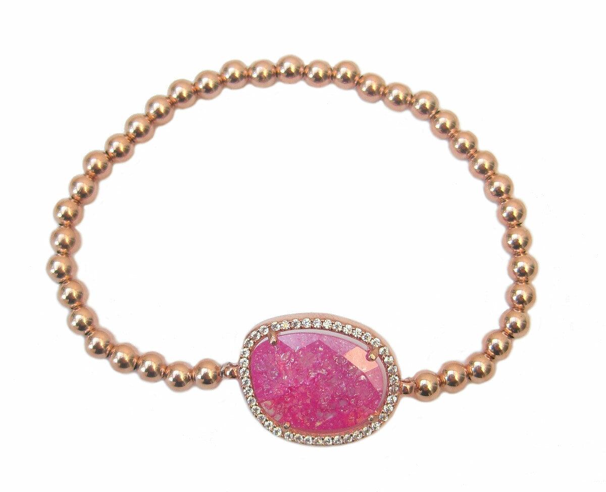 Oval candy pink semi-precious stone beaded bracelet - Blooms of London - Designs inspired by nature