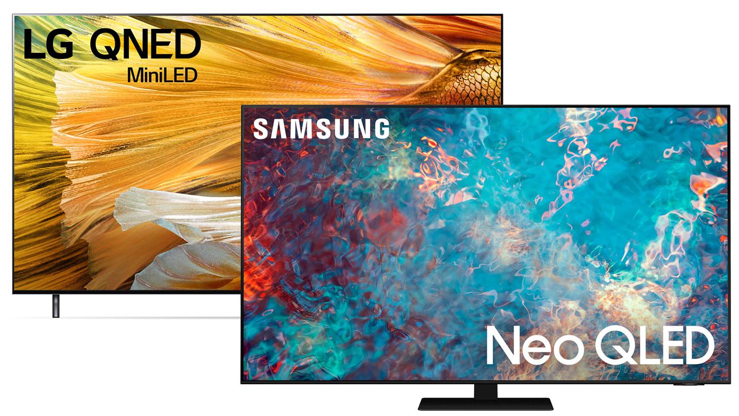 A Samsung Neo QLED TV sat next to a LG QNED TV