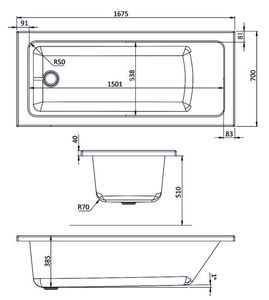 Trojan Solarna 24 Jet Whirlpool Spa Bath 1675 x 700 mm technical drawing