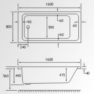 technical drawing 24 Jet Beaufort Portland SE 1600 x 800 mm Single Ended Whirlpool Bath