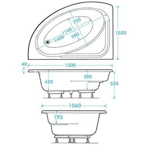 RH Apollo Offset Corner Bath Technical Drawing
