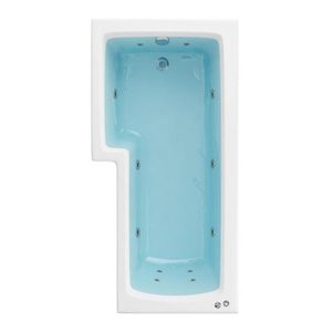 White L-shaped left-hand bath filled to the rim with calm light blue translucent water and original silver jets visible.