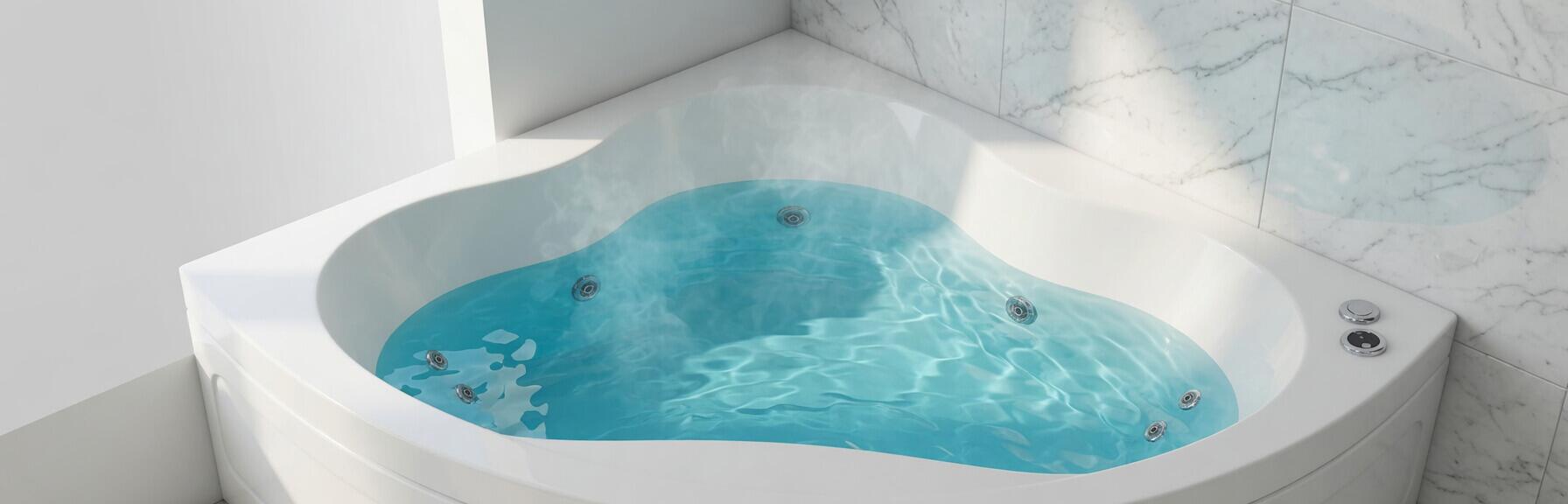 A luxury whirlpool corner bath filled with blue crystal clear water
