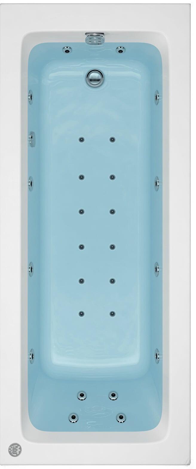 High-angle photo of modern white rectangular soaking tub in light blue with round chrome jets symmetrically placed inside.