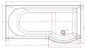 SBC - Beaufort Portland RH 1700 x 850 x 750 mm 12 Jet P Shaped Shower Bath TEchnical Drawing