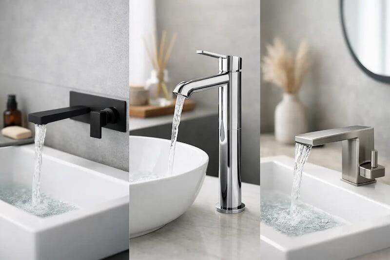 Three modern bathroom taps in black, chrome and brushed nickel finishes over white ceramic basins, showcasing clean contemporary designs for modern bathrooms