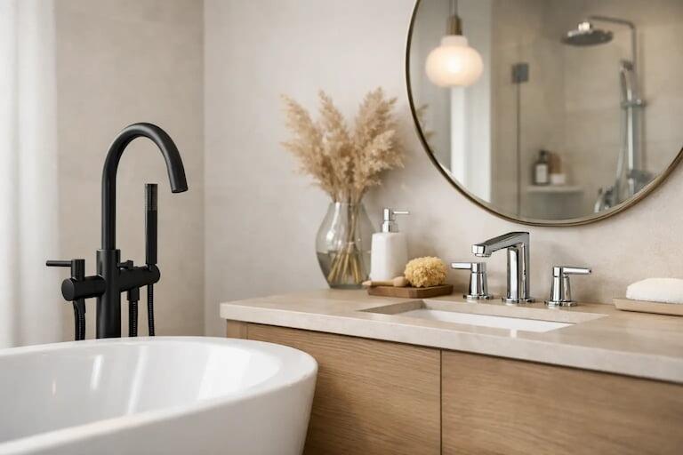 Modern cohesive bathroom with matching bath taps
