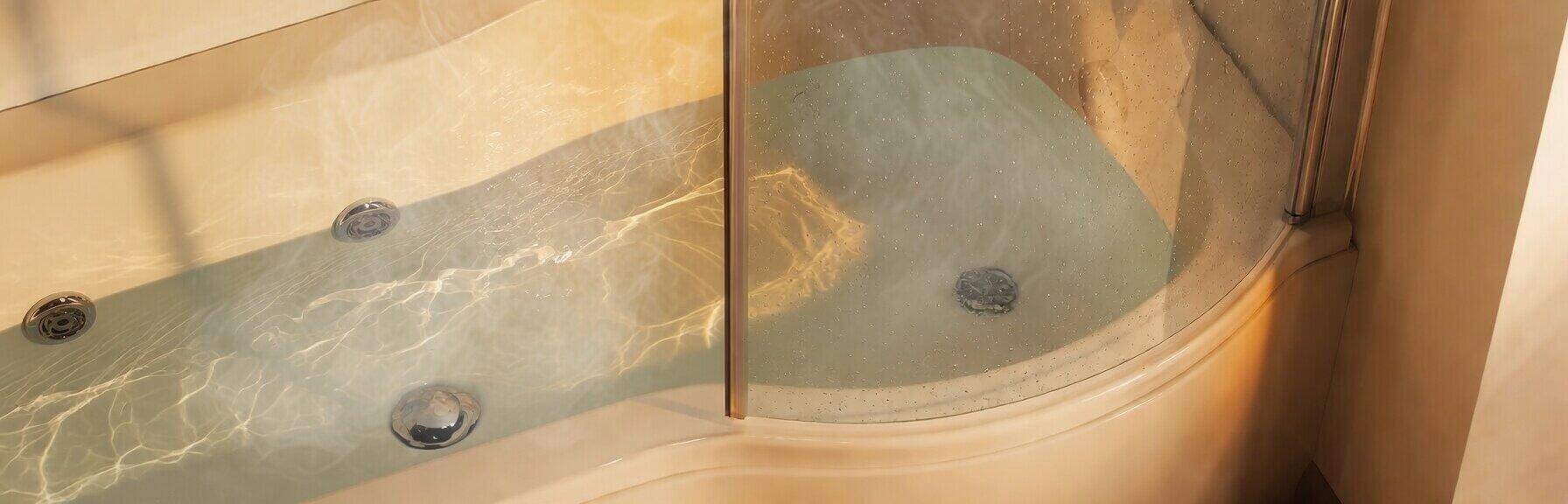 P-shaped or L-shaped whirlpool shower bath with extra showering space