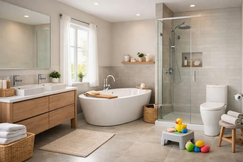 Family bathroom suite with shower bath, vanity storage and practical layout for busy homes