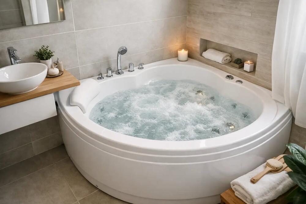 Small bathroom whirlpool installation example showing a compact 1200 x 1200 mm corner whirlpool bath in a realistic UK family bathroom layout