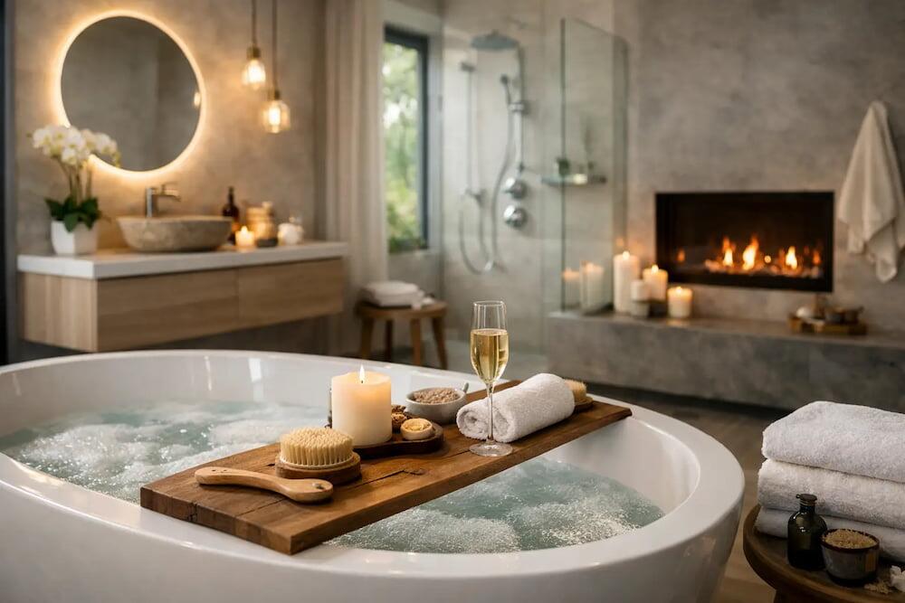 Spa bath upgrades for everyday luxury – modern UK bathroom with whirlpool bath and soft lighting
