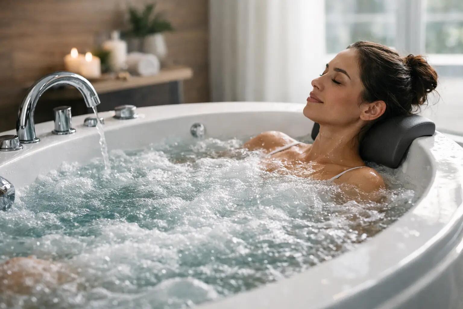 Modern whirlpool bath with hydrotherapy jets in a stylish bathroom