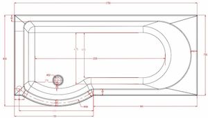 SBC - Beaufort Portland LH 1700 x 850 x 750 mm 24 Jet P Shaped Shower Bath Technical Drawing