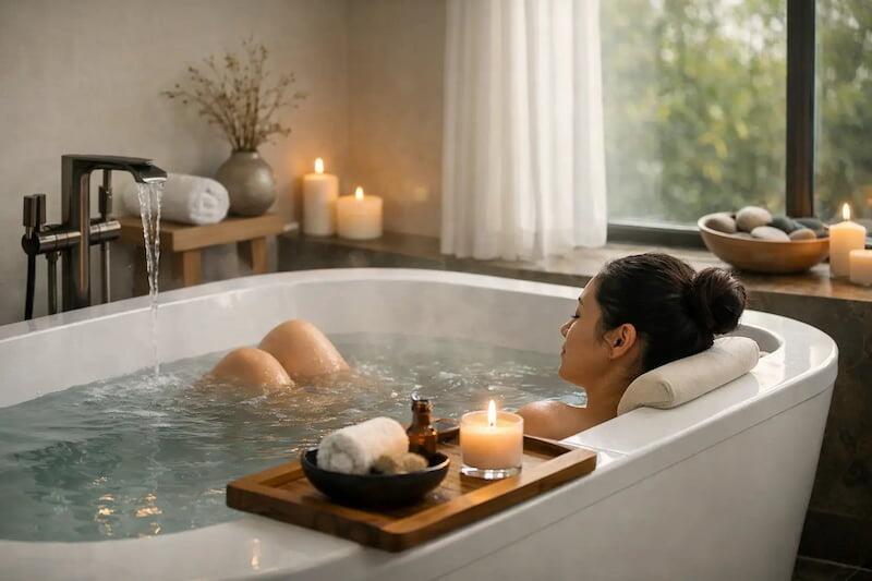 Woman relaxing in a deep soaking spa bath with candles and flowing water for ultimate home luxury