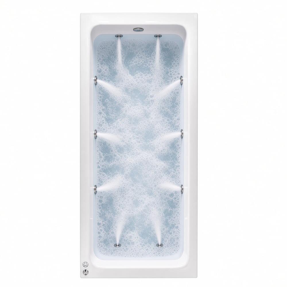 White rectangular 12-jet whirlpool bathtub filled with foamy water, chrome jets spraying streams from sides and ends