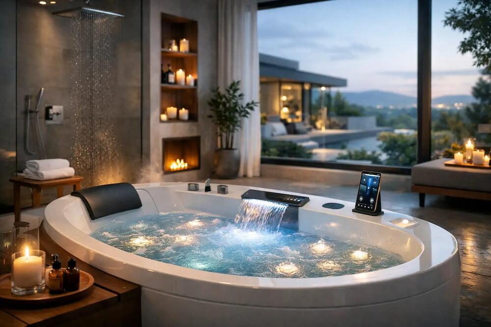 Modern smart spa bath with discreet controls and soft lighting in a contemporary UK bathroom