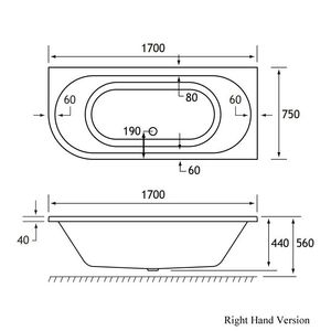 tech drawing of a Beaufort Biscay RH 1700 x 750 mm J Shaped DE Whirlpool Bath