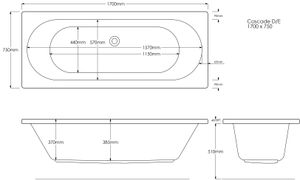 tech drawing Trojan Cascade Double Ended 24 Jet Whirlpool Bath 1700 x 750 mm