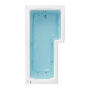 L-shaped white bath filled with calm light blue water to the rim, silver jets in original positions, minimal ripples
