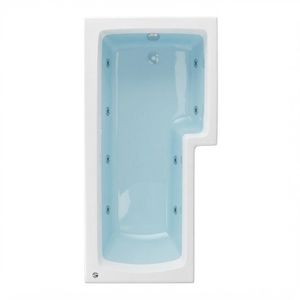 High-angle view of a sleek white acrylic bathtub with light blue water, silver air jets, and an integrated right-side seating platform.