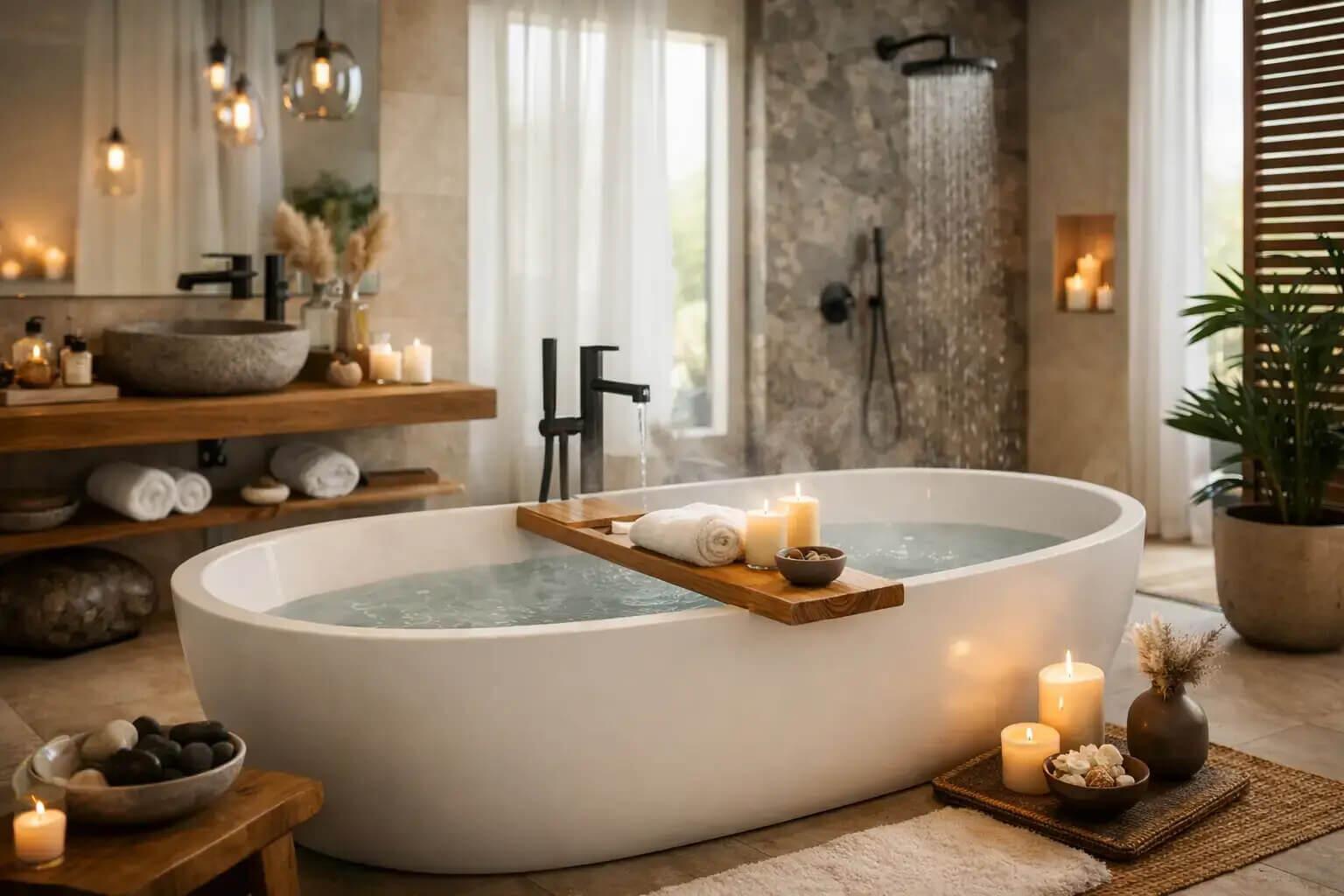 Spa bathroom trends 2026: luxurious freestanding oval bath with wooden tray, lit candles, steam from rainfall shower, warm neutral tones